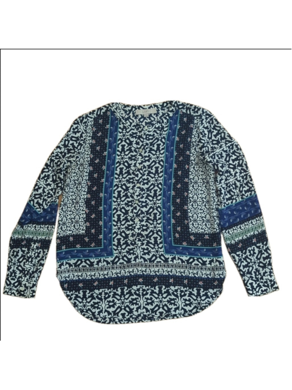 Loft Blue White Print Popover Blouse Small